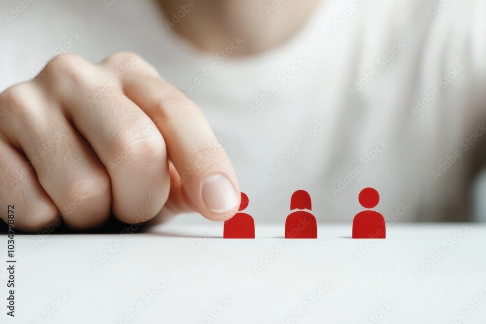 Poster a hand interacts with red figures representing people, symbolizing selection or decision-making in m