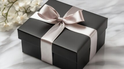 Elegant Black Gift Box with Ribbon on Marble Surface