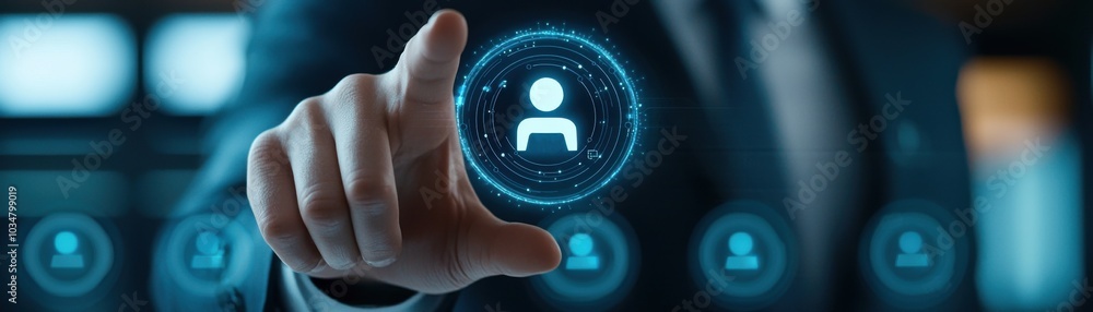 Poster a businessperson interacts with a digital interface showcasing user profiles in a futuristic, tech-d