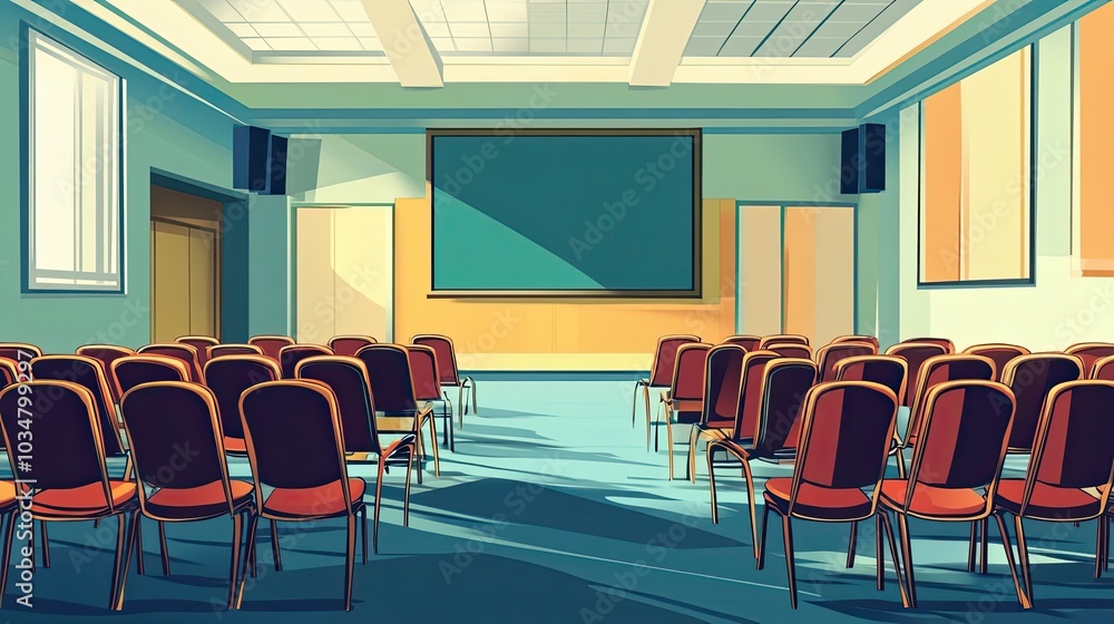 Poster empty lecture hall with rows of chairs and a blank screen