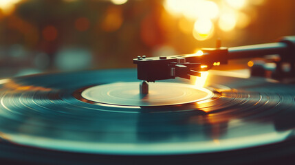 A classic vinyl record rotates smoothly on a turntable while the sun sets, casting a warm glow and evoking a sense of nostalgia and tranquility