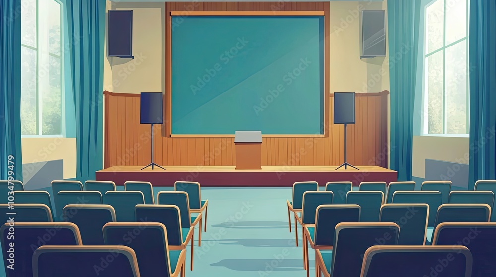 Poster a stage with rows of chairs in front of a blank screen
