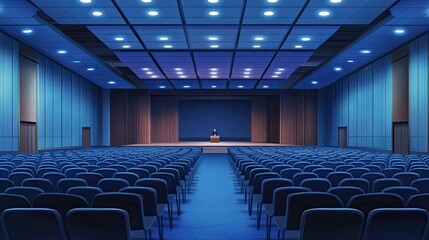 Naklejka premium An empty auditorium with rows of blue chairs facing a stage with a single microphone