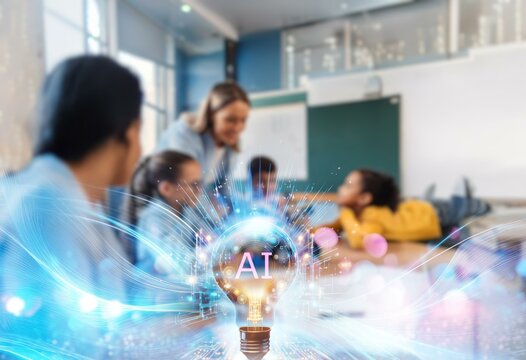 A glowing light bulb with the letters AI inside, in front of a blurred classroom scene with students and a teacher.