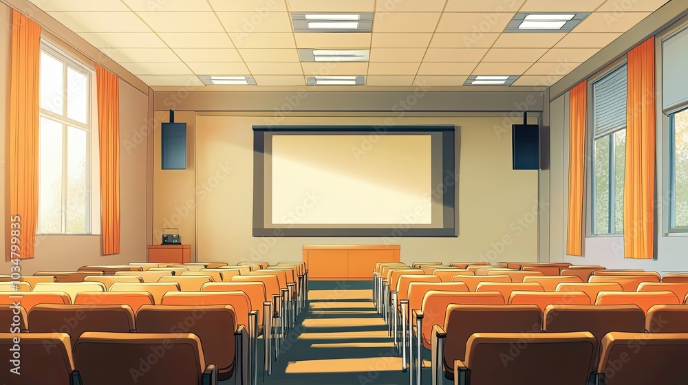 Poster empty lecture hall with a projector screen and rows of chairs