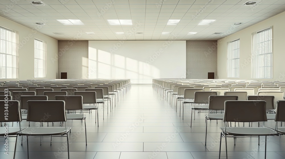 Poster empty auditorium with rows of chairs and a blank screen