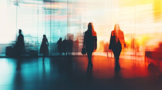 Abstract double exposure of shadowy figures in a modern office setting, blending with dynamic light gradients