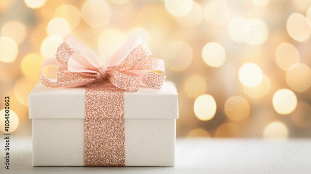 Poster elegant gift box with ribbon and soft bokeh background