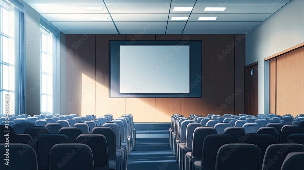 Poster empty auditorium with rows of chairs and a large screen