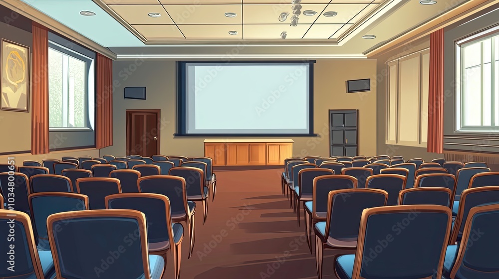 Poster empty auditorium with projection screen and rows of chairs