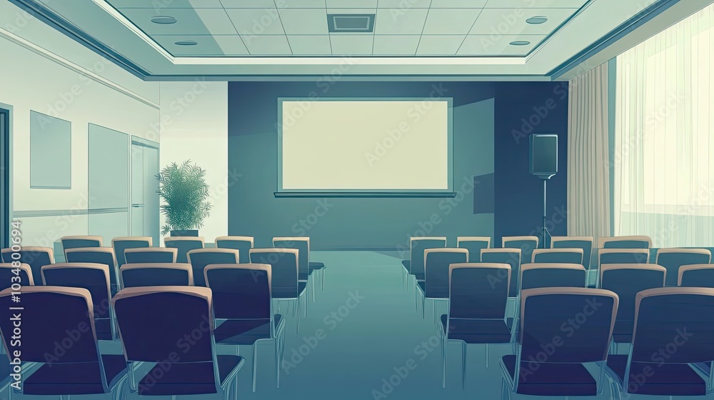 Poster empty conference room with rows of chairs facing a projector screen