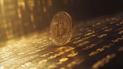 Bitcoin coin hovering above a surface of digital numbers, ultra-detailed engravings