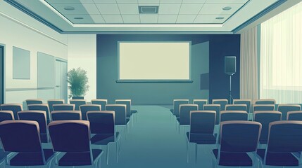 Empty Conference Room with Rows of Chairs Facing a Projector Screen