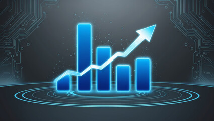 Fototapeta premium A futuristic digital background displaying a glowing blue bar chart with a rising arrow, symbolizing financial growth and technological advancement, set against a sleek backdrop.