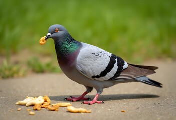 Pigeon eating food on the ground at park in sunlight 