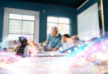 A blurred classroom setting with colorful light streaks and a glowing Earth in the foreground.