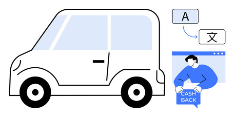 A compact car is parked next to a person receiving cashback on their device with language translation bubbles above. Ideal for urban mobility, online shopping, digital services, language support