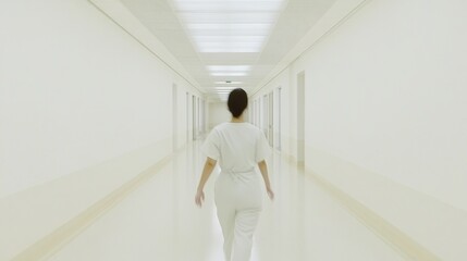 Focused Asian Nurse Walking Down Hospital Hallway in Evening Light