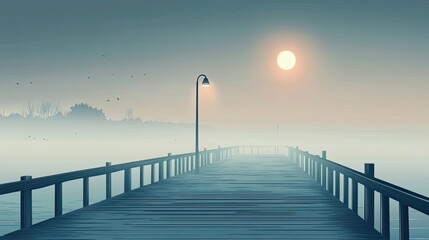 Fototapeta premium A Long Wooden Pier Extending into Foggy Water with a Distant Sun