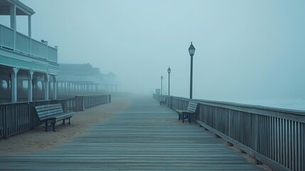 Naklejka premium Foggy Morning on a Beachside Boardwalk with Benches and Streetlights