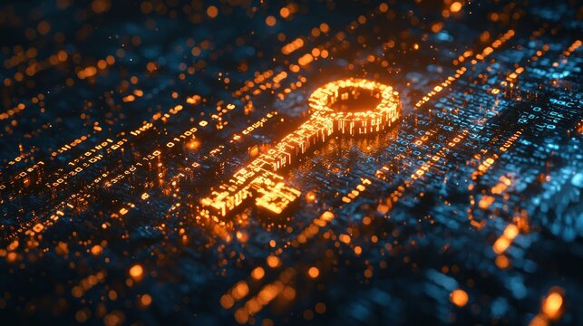 A glowing encryption key floating within a stream of binary code, with a dark background and vivid contrast in light.