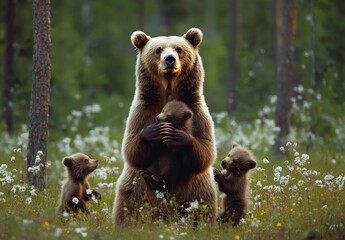 Obraz premium Mother Bear with Cubs in Forest