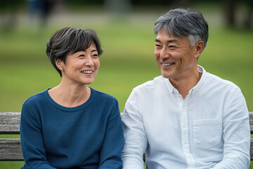 An elderly couple is sitting on a park bench chatting