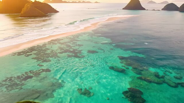 Fly-through, high speed video with warm tropical lighting over Komodo National Park, Indonesia, revealing Komodo dragons
