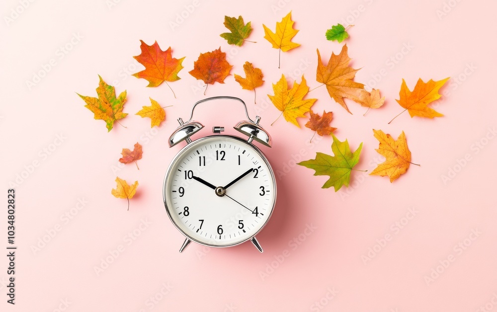 Poster minimalist autumn wake-up concept with alarm clock and falling leaves in modern monochrome style