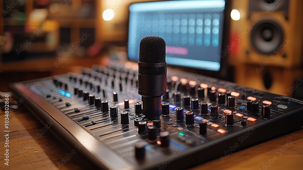 Poster podcast studio setup with microphone computer and podcast transcript on screen.stock image