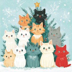 A festive illustration of cats arranged around a Christmas tree.