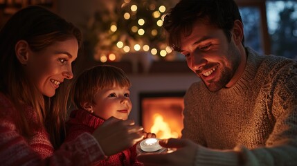 A family inspects smoke detectors in their cozy winter home, with the crackling fireplace in the background adding warmth to the atmosphere.