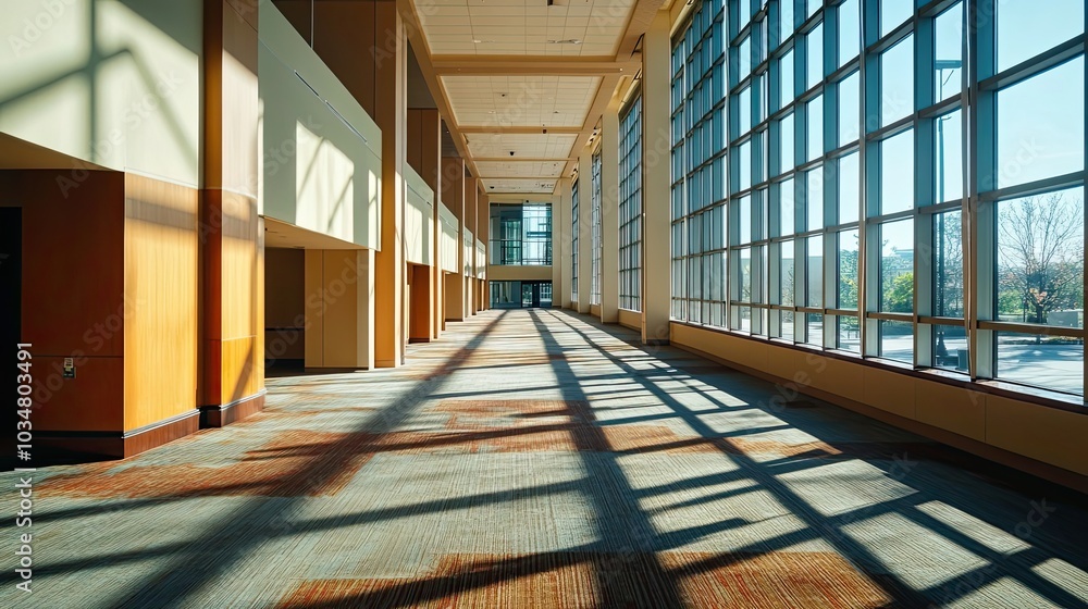 Poster sunlit corridor in a modern building with large windows