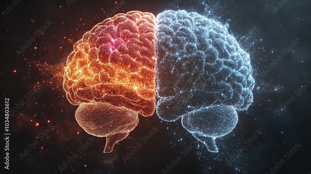 Poster psychological intelligence intertwined with artificial intelligence learning showcasing human brain 