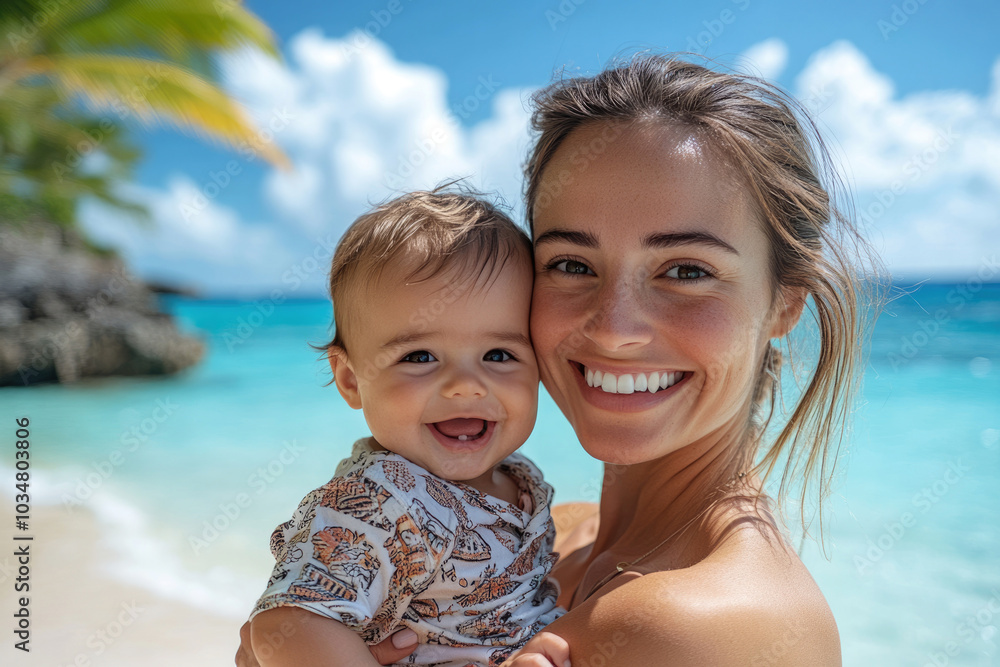 Canvas Prints Mother holding child on beach vacation