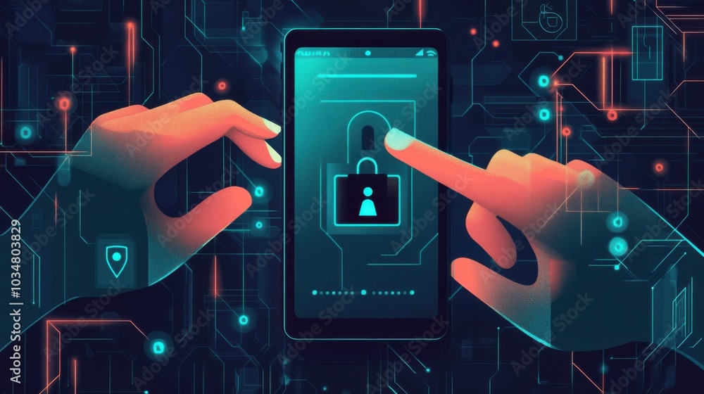 Poster hands typing pin on smartphone with digital lock interface