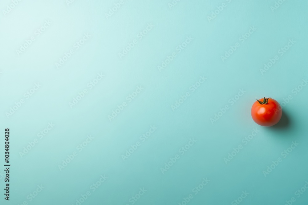 Poster minimalist soft pastel green background with single vibrant red tomato on right side for fresh brand