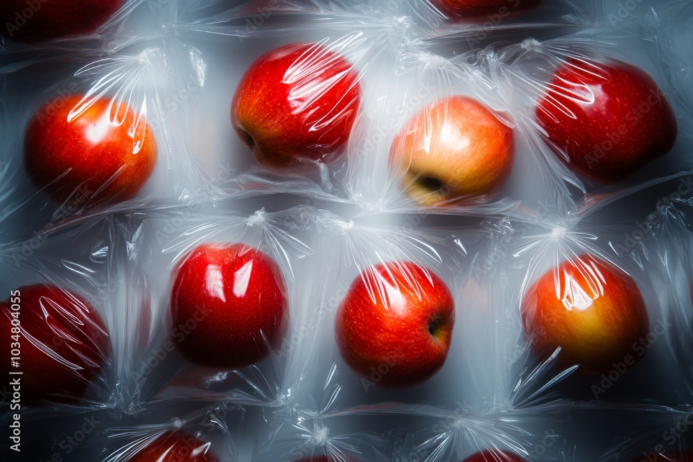 Poster overhead view of vibrant red apples in transparent bags against light gray background