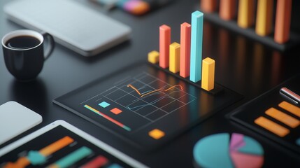 Photorealistic ultra detailed image of a 3D economic chart rising from a digital tablet laid on a dark wood desk, The chart's detailed bars and lines are illuminated by surrounding items like a pen