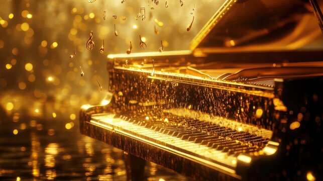 Golden Musical Notes Over Grand Piano
