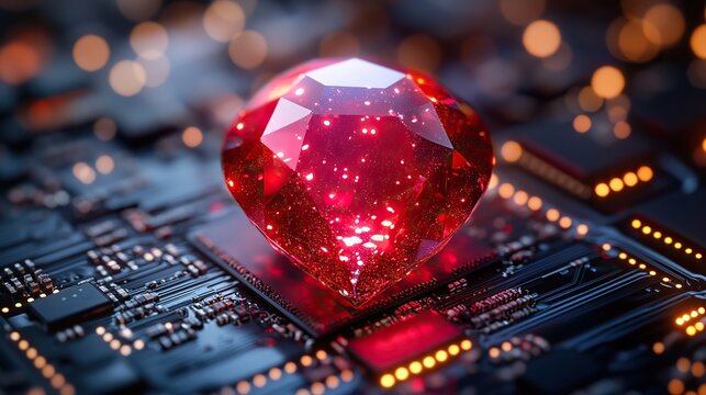 ruby on rails programming concept featuring ruby stone on microchip plate symbolizing the integration of the ruby language with web development technology.stock image