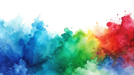 Abstract watercolor painting with blue, red, and green colors reflecting on a white background