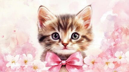 Kitty watercolor cat with delicate pink blossoms sakura flower.