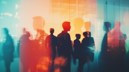 Silhouetted figures in a collaborative environment, double exposure with abstract gradient light effects