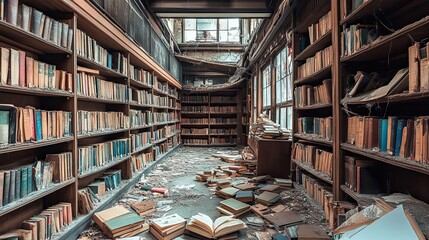 Fototapeta premium Abandoned Library with Books Scattered on the Floor