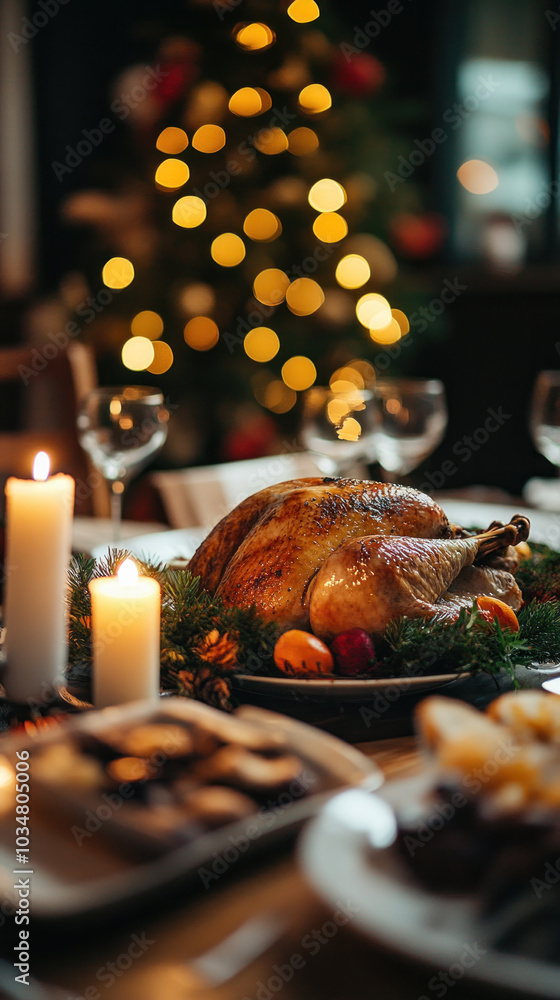 Poster a large turkey is on a table with candles and a christmas tree in the background. the table is set w