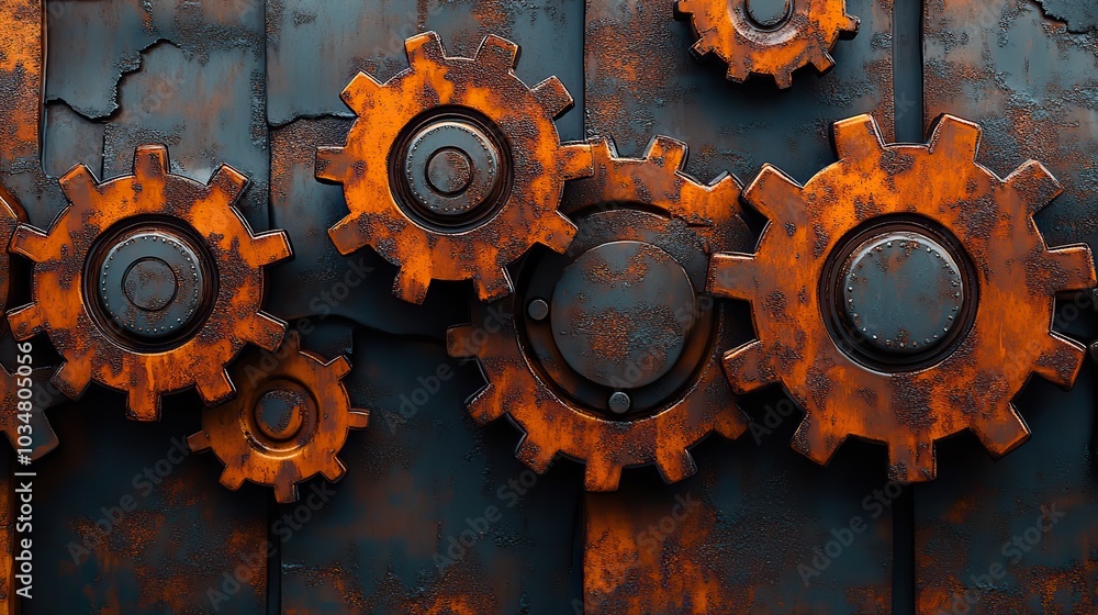 Fototapete rust programming language concept illustrated with rusty interconnected gears symbolizing system efficiency and reliability.stock image