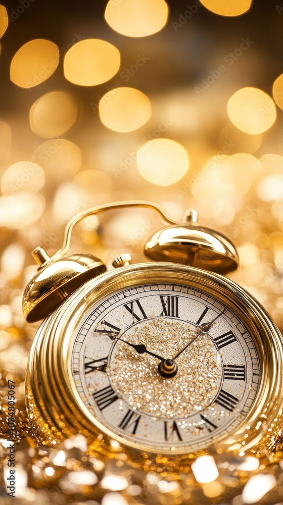 Poster a gold and white clock with roman numerals on it. the clock is set to the time of 10:30