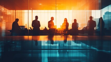 Silhouettes of business professionals in a modern workspace, double exposure with fluid gradient effects