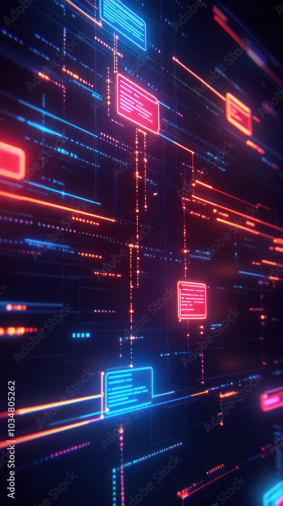 Poster a computer screen with a lot of lines and neon colors. the lines are in different colors and shapes,